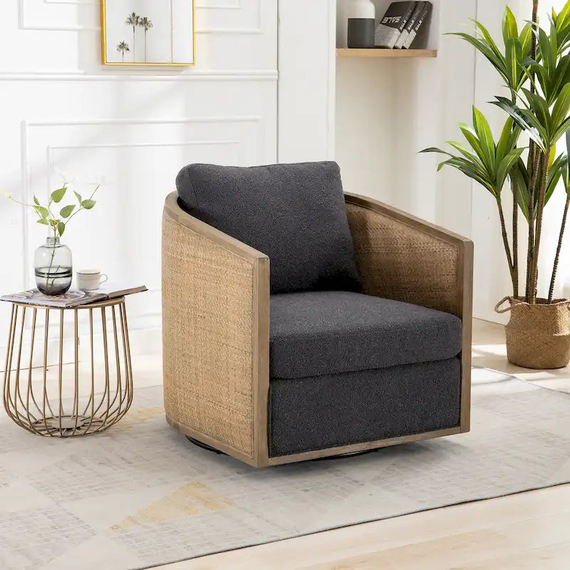 Fauteuil pivotant avec détails en rotin