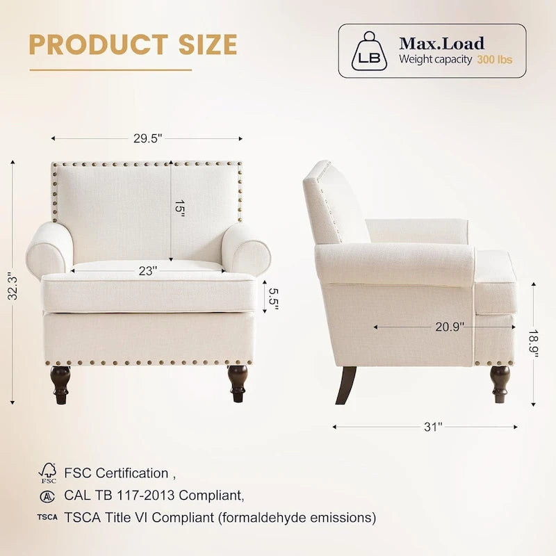 Fauteuil d'appoint moderne beige avec garniture cloutée