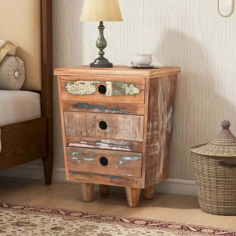 Table d'appoint en bois recyclé avec 3 tiroirs