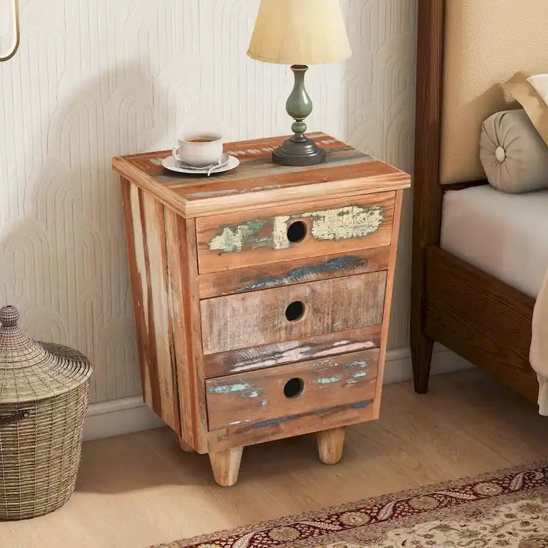 Table d'appoint en bois recyclé avec 3 tiroirs