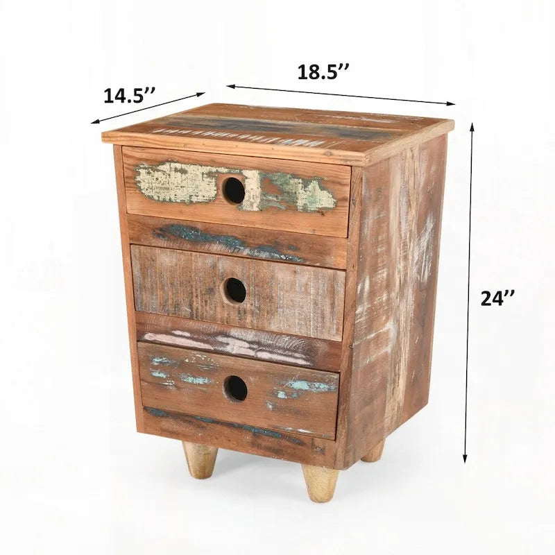 Table d'appoint en bois recyclé avec 3 tiroirs
