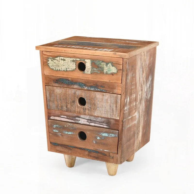 Table d'appoint en bois recyclé avec 3 tiroirs