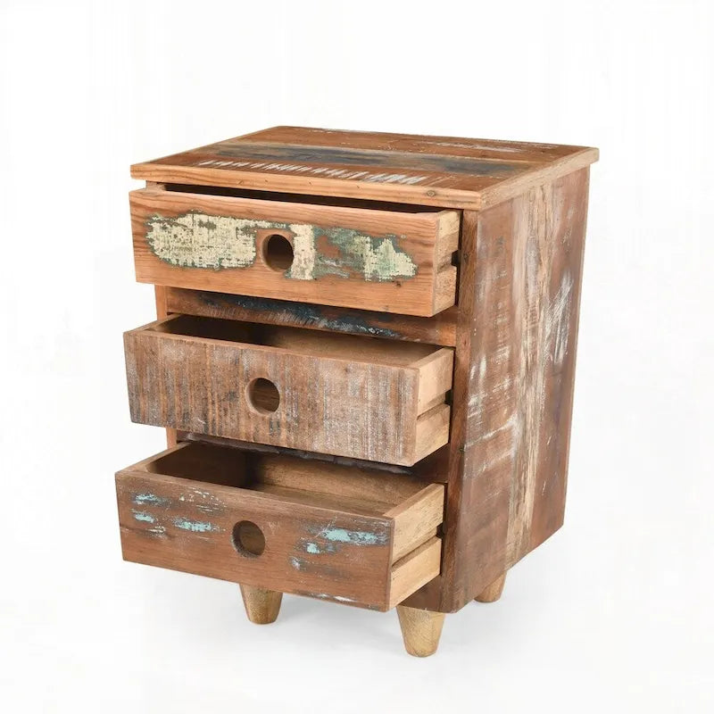 Table d'appoint en bois recyclé avec 3 tiroirs