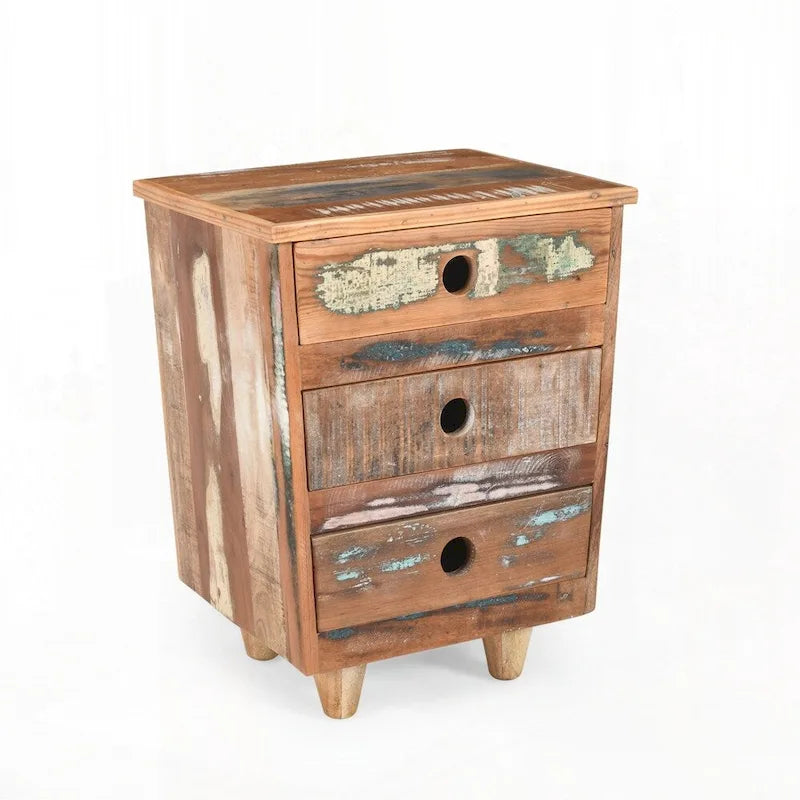 Table d'appoint en bois recyclé avec 3 tiroirs