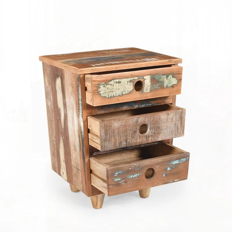 Table d'appoint en bois recyclé avec 3 tiroirs