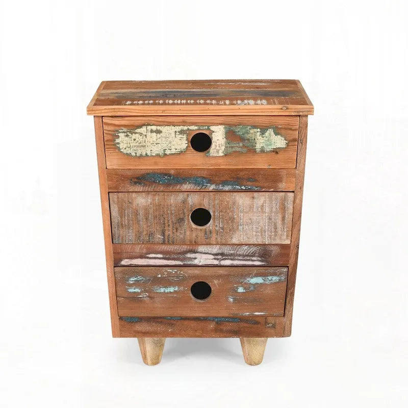 Table d'appoint en bois recyclé avec 3 tiroirs