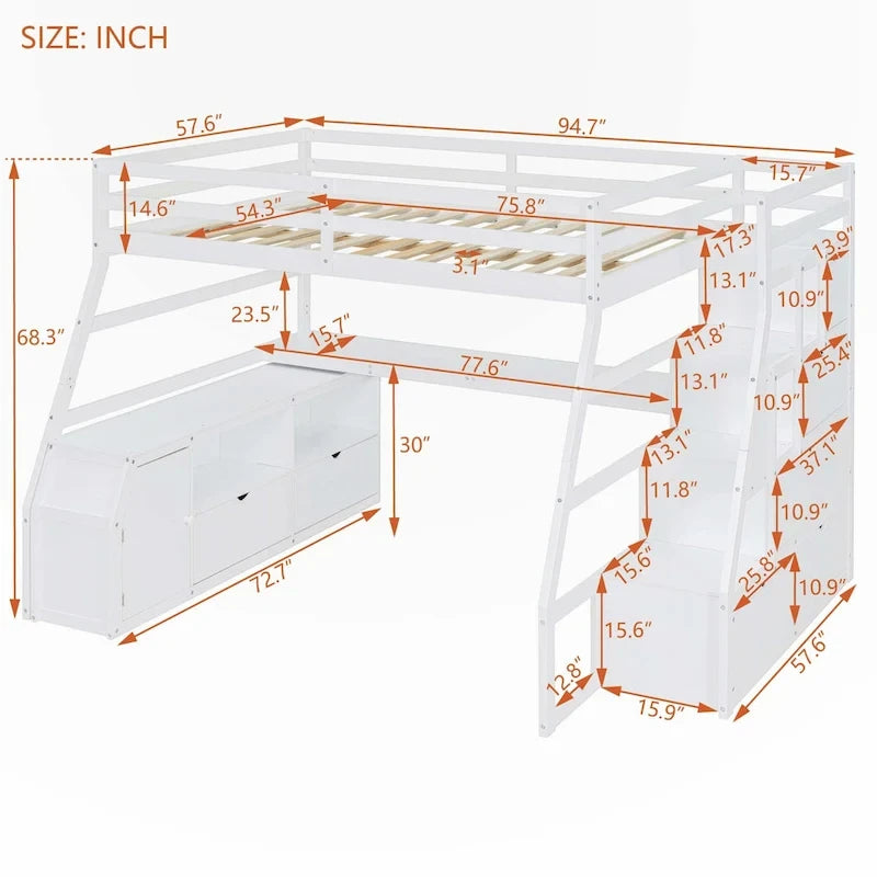 Lit mezzanine pleine grandeur avec bureau et tiroirs de rangement