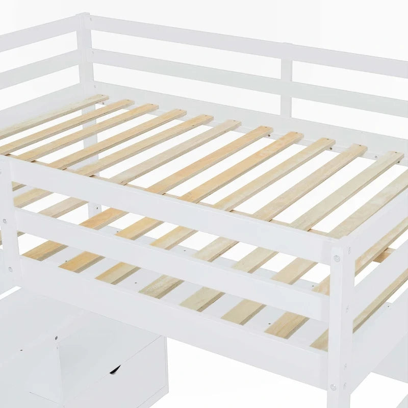 Lit mezzanine pleine grandeur avec bureau et tiroirs de rangement
