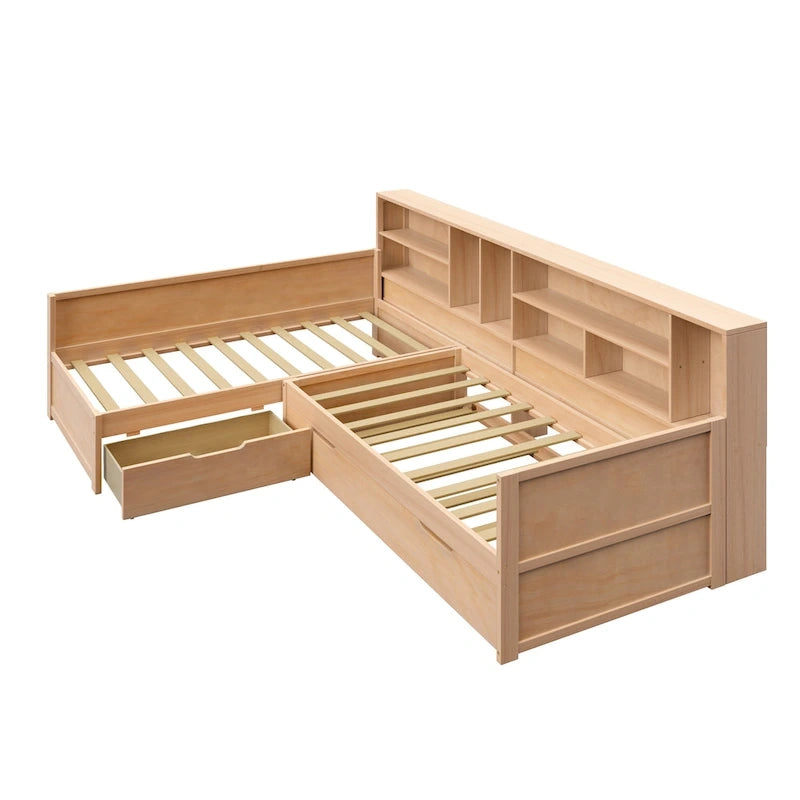 Lit de repos jumeau en bois en forme de L avec lit gigogne et tiroir de rangement