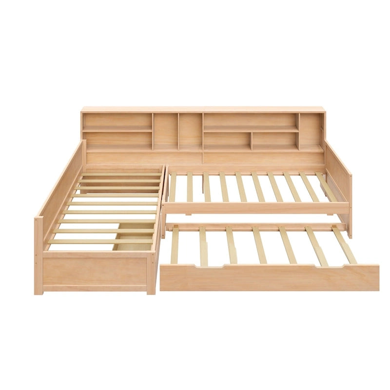Lit de repos jumeau en bois en forme de L avec lit gigogne et tiroir de rangement