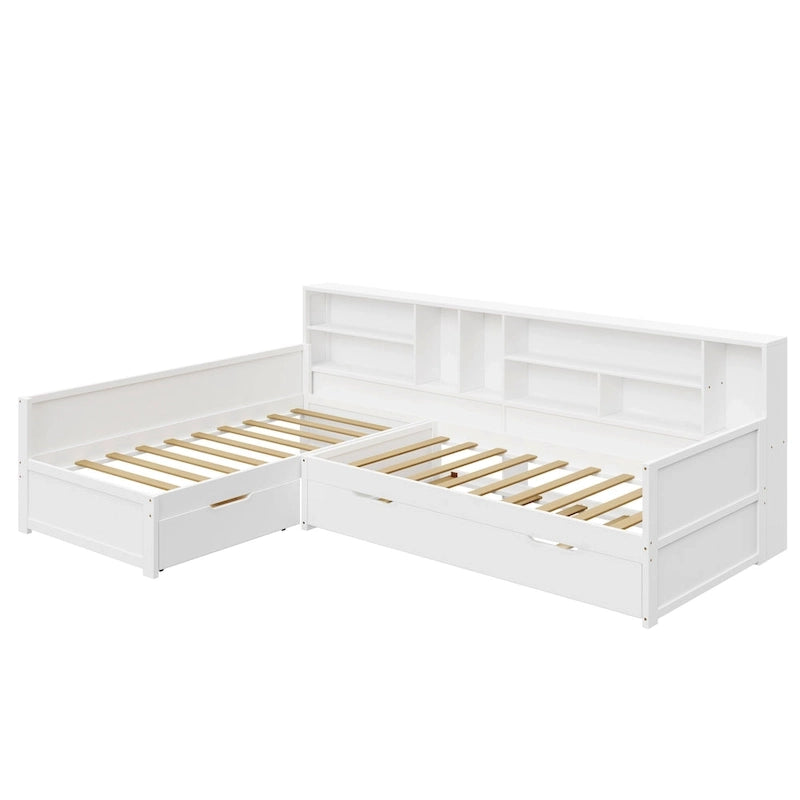 Lit de repos jumeau en bois en forme de L avec lit gigogne et tiroir de rangement