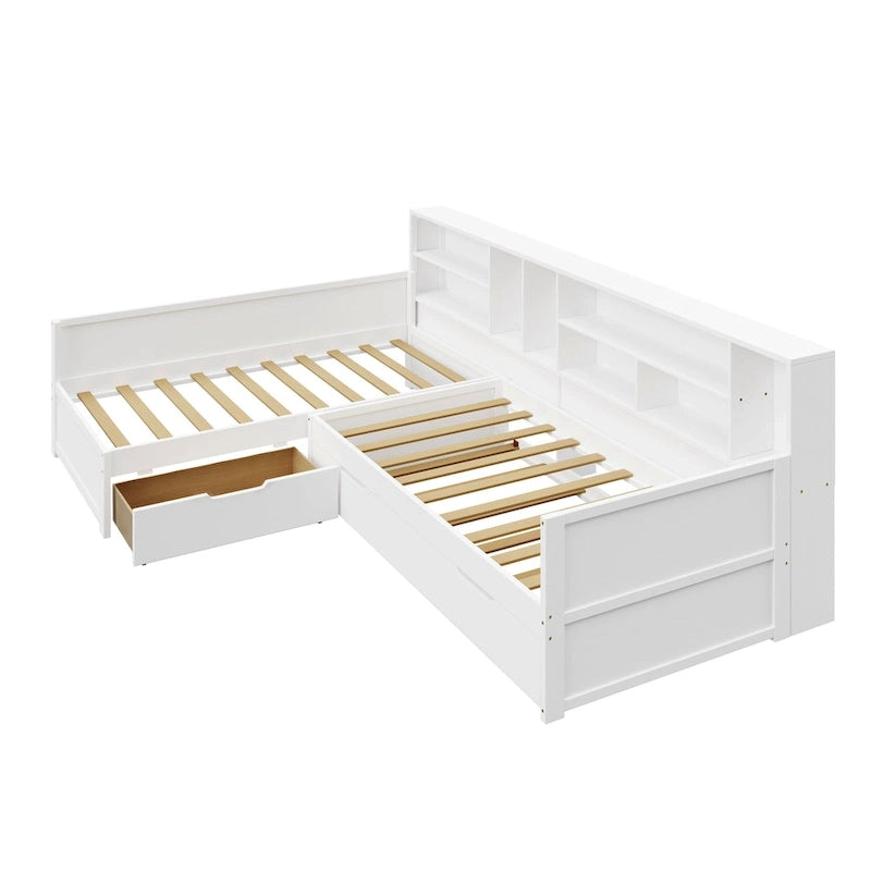 Lit de repos jumeau en bois en forme de L avec lit gigogne et tiroir de rangement