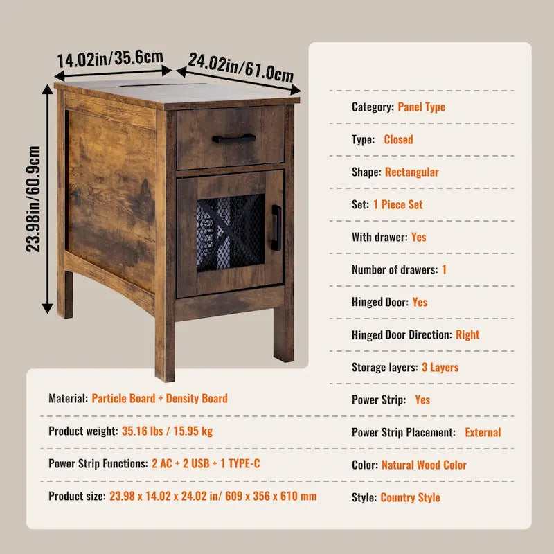 Table d'appoint avec tiroir, porte coulissante et multiprise intégrée