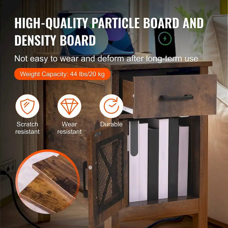Table d'appoint avec tiroir, porte coulissante et multiprise intégrée