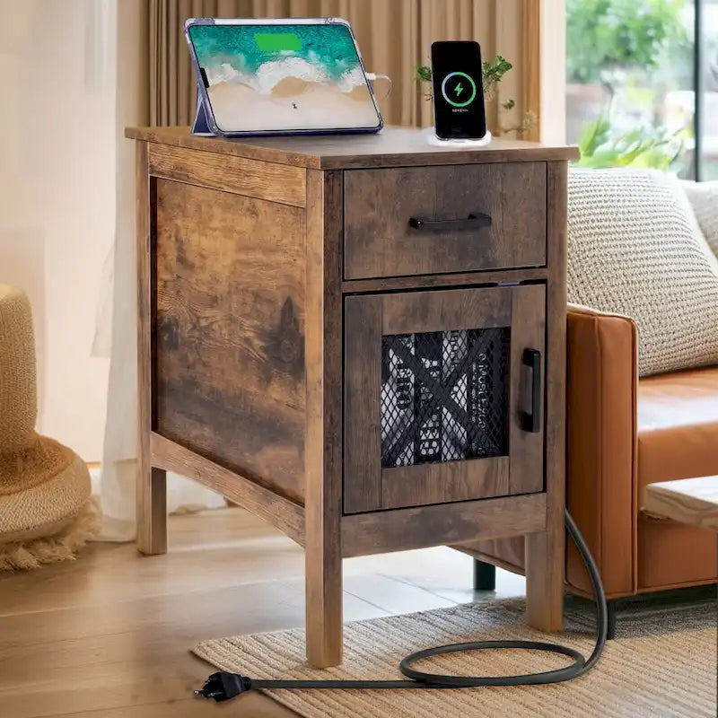 Table d'appoint avec tiroir, porte coulissante et multiprise intégrée