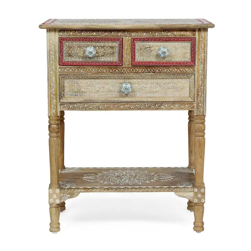 Table d'appoint en bois avec trois tiroirs et étagère inférieure ouverte