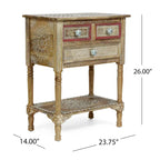 Table d'appoint en bois avec trois tiroirs et étagère inférieure ouverte