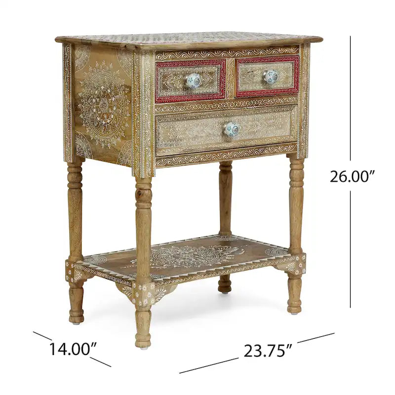 Table d'appoint en bois avec trois tiroirs et étagère inférieure ouverte