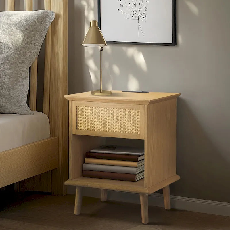 Table d'appoint en rotin avec tiroir de rangement et station de recharge