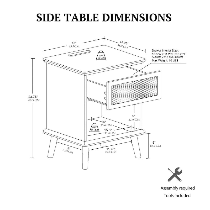 Table d'appoint en rotin avec tiroir de rangement et station de recharge