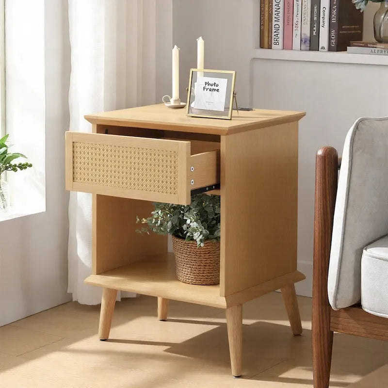Table d'appoint en rotin avec tiroir de rangement et station de recharge