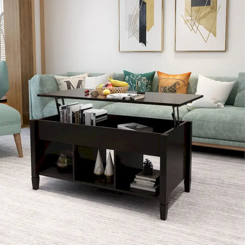 Table basse à plateau relevable avec étagères de rangement - Noir