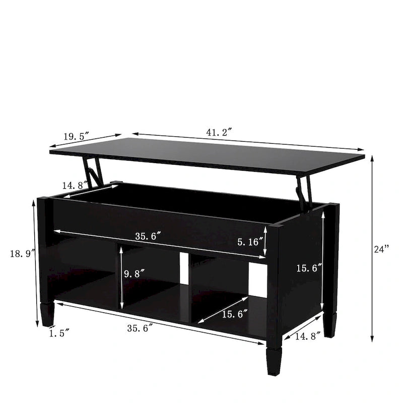 Table basse à plateau relevable avec étagères de rangement - Noir