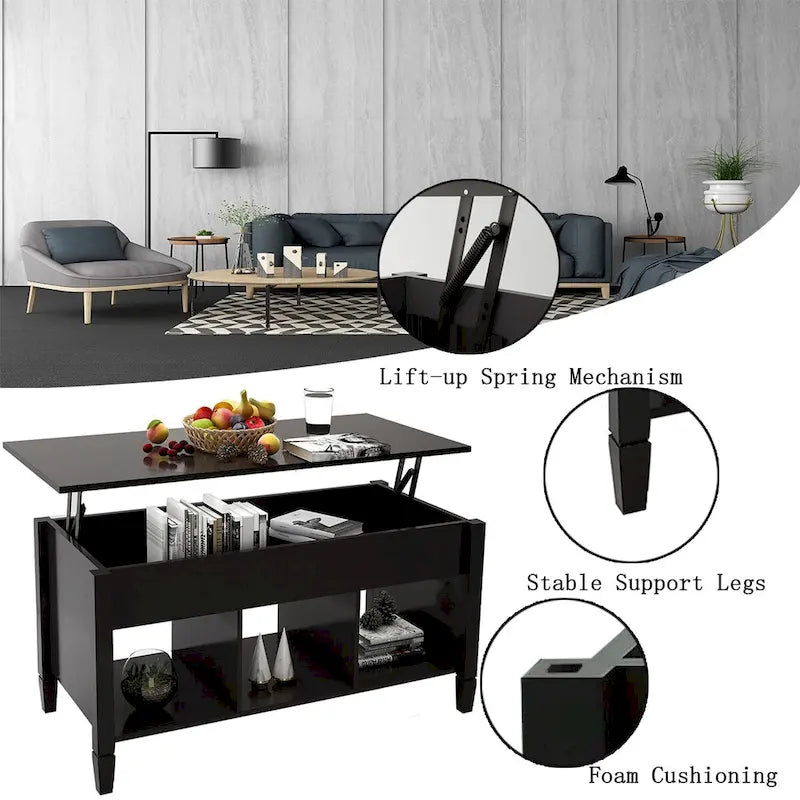 Table basse à plateau relevable avec étagères de rangement - Noir