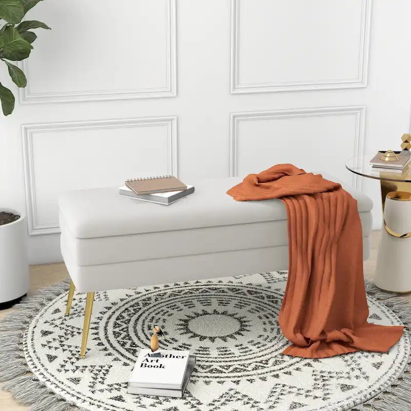 Banc de rangement ottoman en velours avec pieds en métal