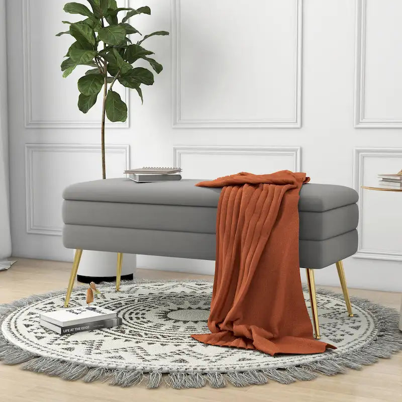 Banc de rangement ottoman en velours avec pieds en métal