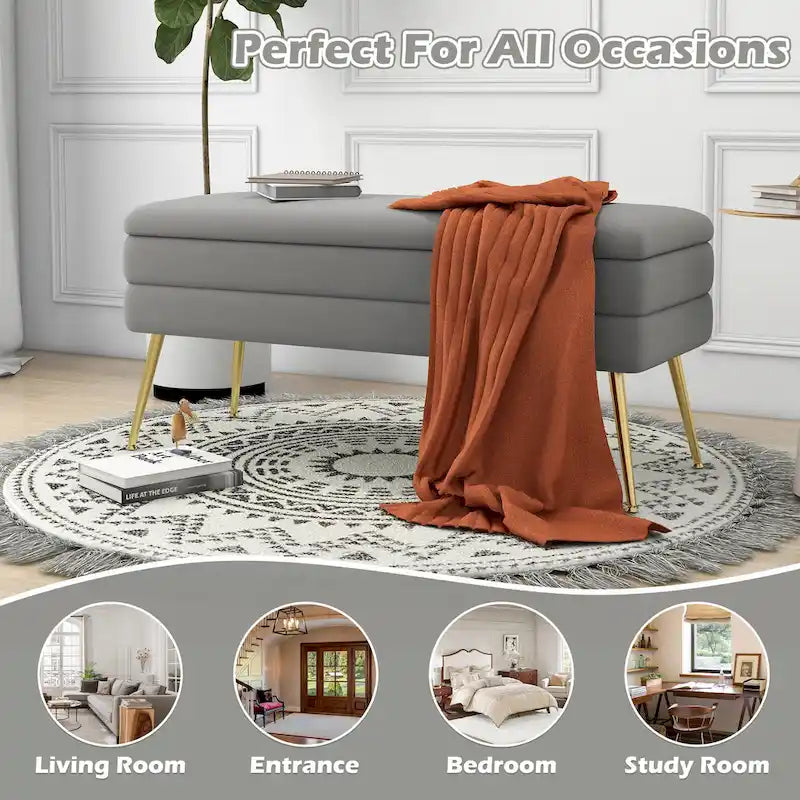 Banc de rangement ottoman en velours avec pieds en métal