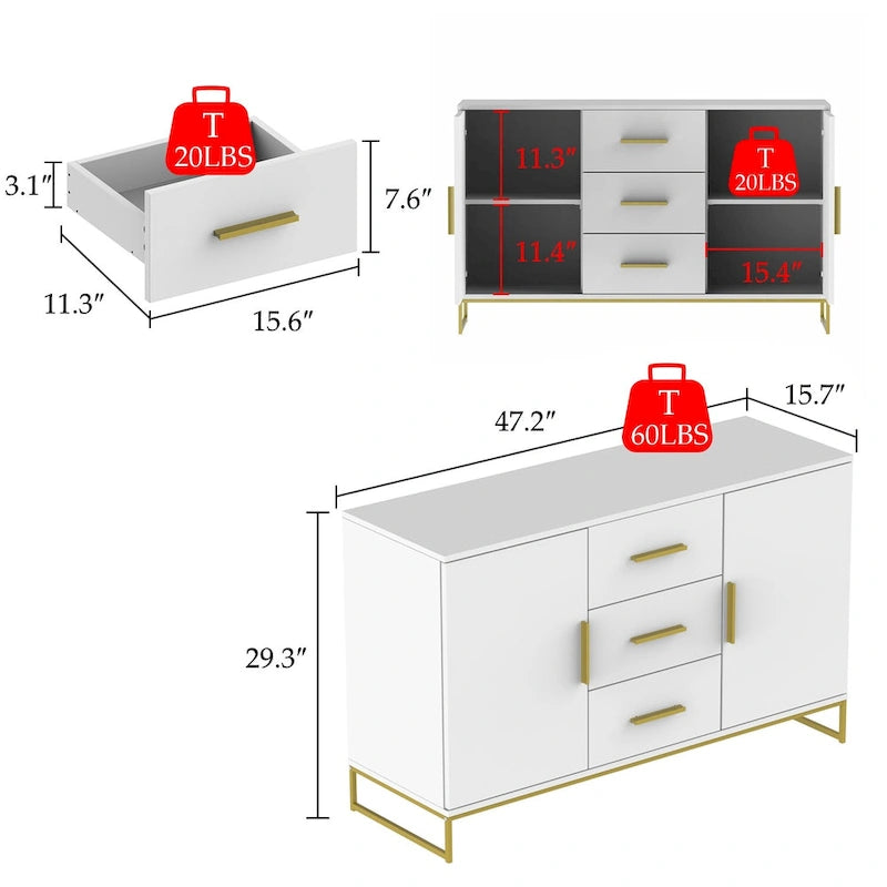 47,2 po (L) x 29,3 po (H) Buffet de rangement avec tiroirs et portes