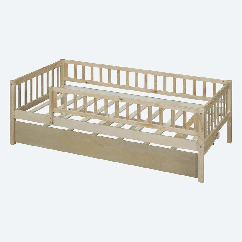 Lit de repos simple en bois avec lit gigogne et barrières de sécurité