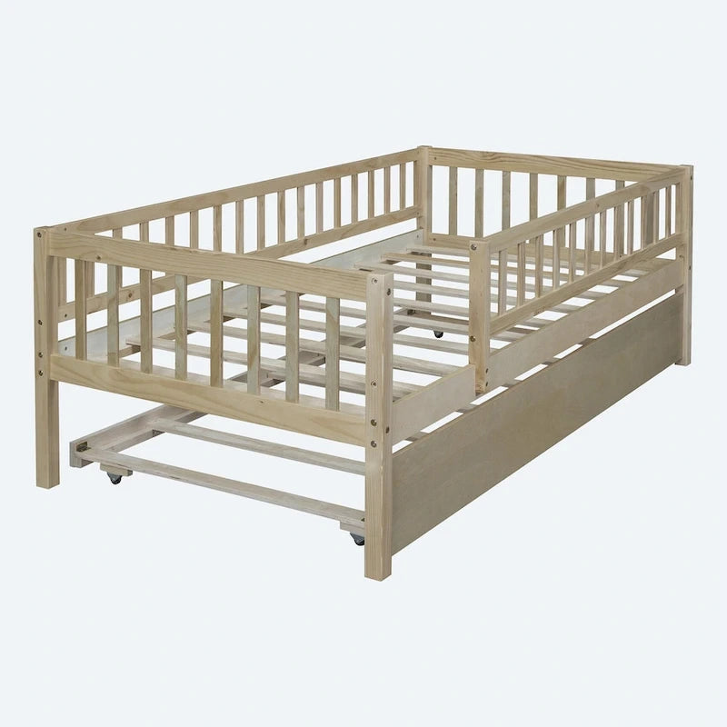 Lit de repos simple en bois avec lit gigogne et barrières de sécurité