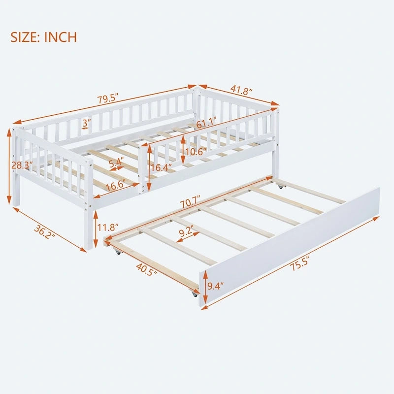 Lit de repos simple en bois avec lit gigogne et barrières de sécurité
