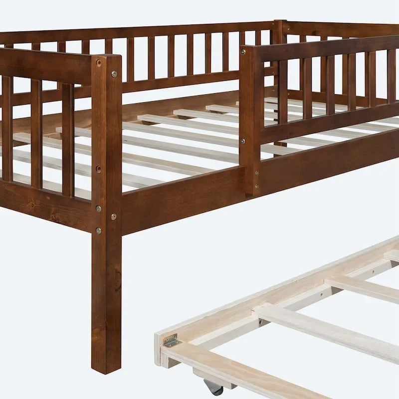 Lit de repos simple en bois avec lit gigogne et barrières de sécurité