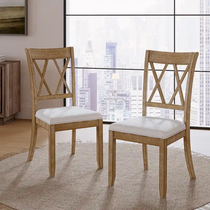 Chaises de salle à manger de ferme à dossier croisé, lot de 2 – en bois d'hévéa avec assise coussinée