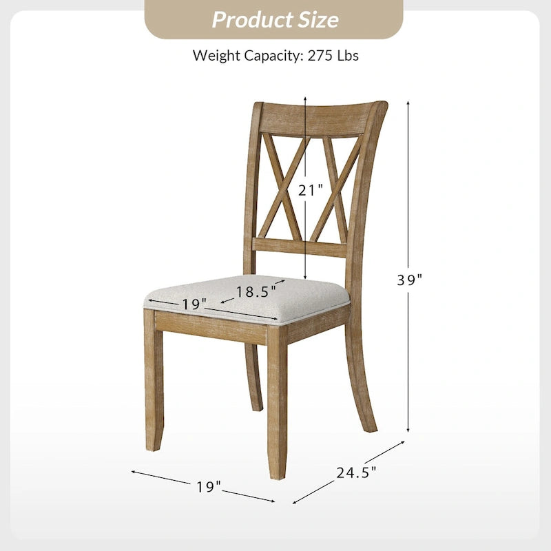 Chaises de salle à manger de ferme à dossier croisé, lot de 2 – en bois d'hévéa avec assise coussinée