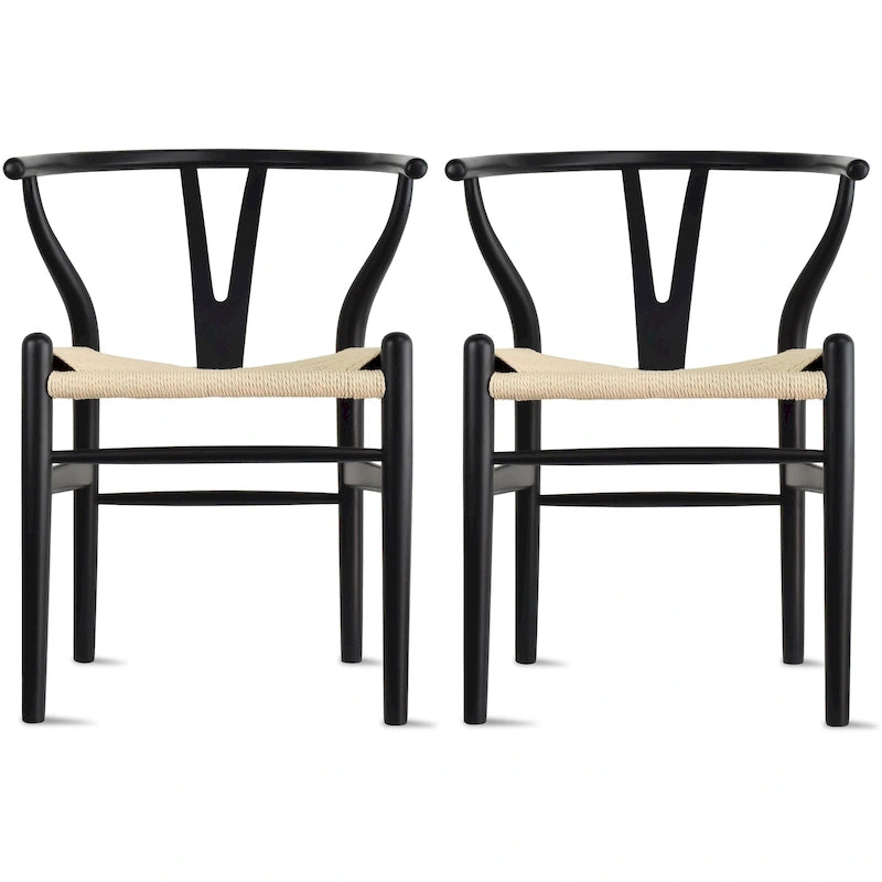 Ensemble de 2 chaises de salle à manger en bois avec accoudoirs en Y et assises en corde tressée