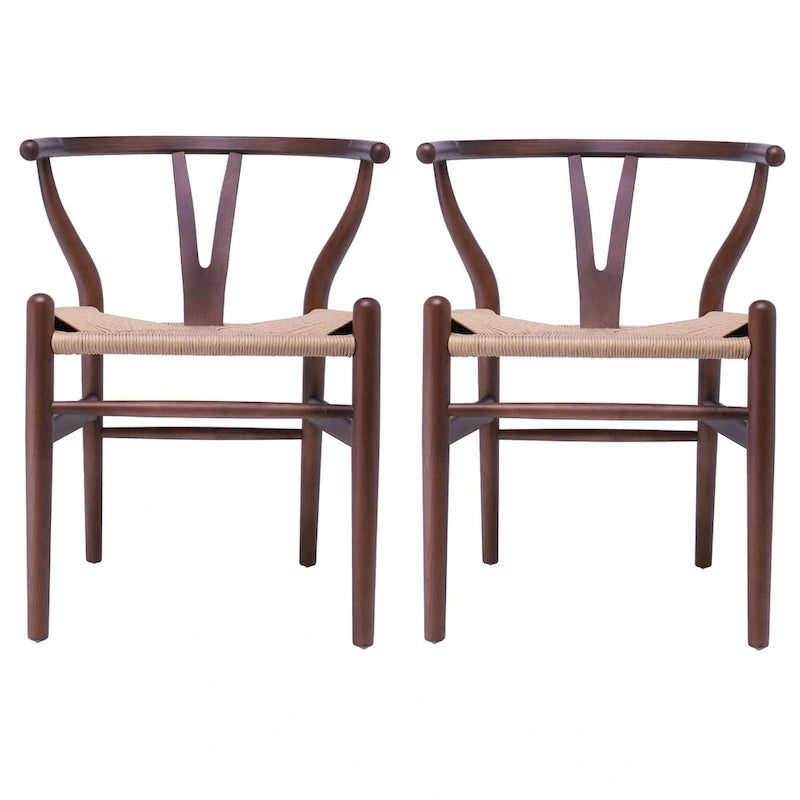 Ensemble de 2 chaises de salle à manger en bois avec accoudoirs en Y et assises en corde tressée