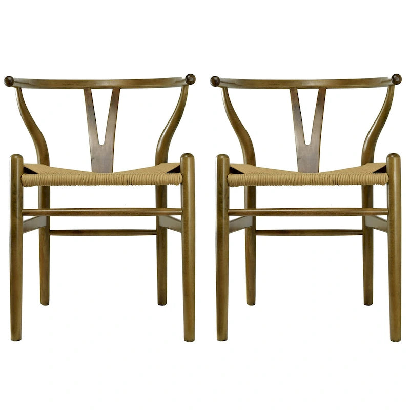 Ensemble de 2 chaises de salle à manger en bois avec accoudoirs en Y et assises en corde tressée