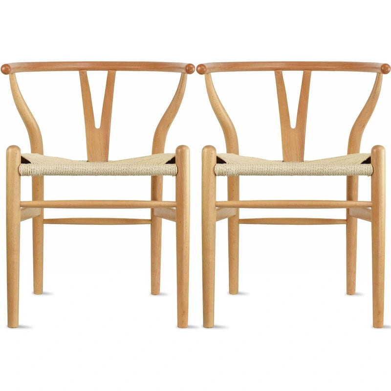 Ensemble de 2 chaises de salle à manger en bois avec accoudoirs en Y et assises en corde tressée