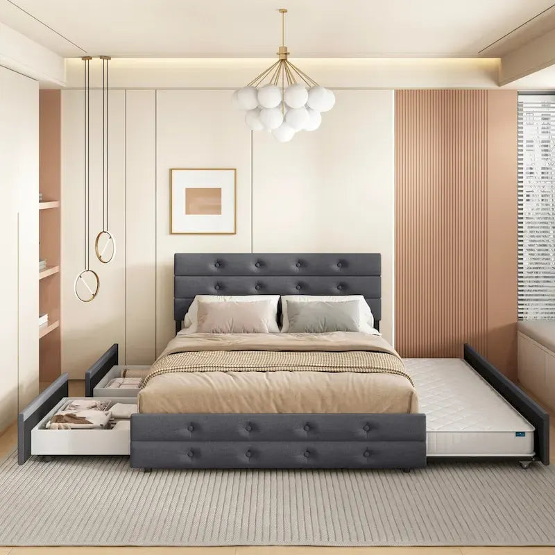 Queen Size Upholstered Linen Fabric Trundle Bed with Drawers, Queen Size Bed
