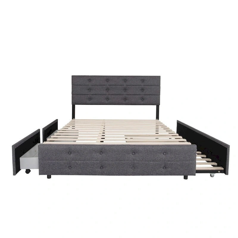 Cadre de lit rembourré Queen Size avec lit gigogne et 2 tiroirs de rangement