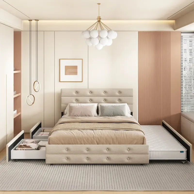 Cadre de lit rembourré Queen Size avec lit gigogne et 2 tiroirs de rangement