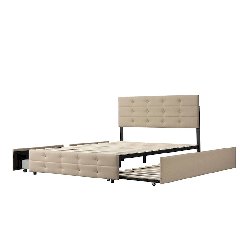 Cadre de lit rembourré Queen Size avec lit gigogne et 2 tiroirs de rangement