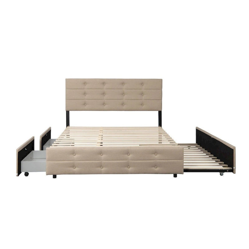 Cadre de lit rembourré Queen Size avec lit gigogne et 2 tiroirs de rangement