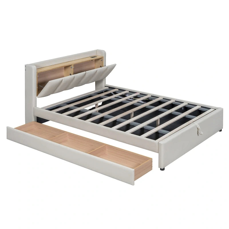 Lit plateforme tapissé Queen + Twin XL avec rangement – Cuir PU, vérin hydraulique