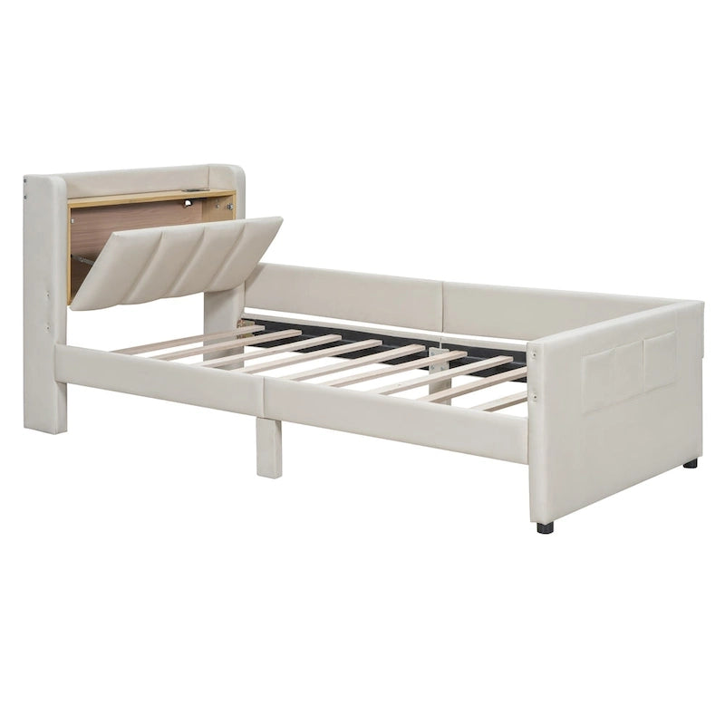 Lit plateforme tapissé Queen + Twin XL avec rangement – Cuir PU, vérin hydraulique