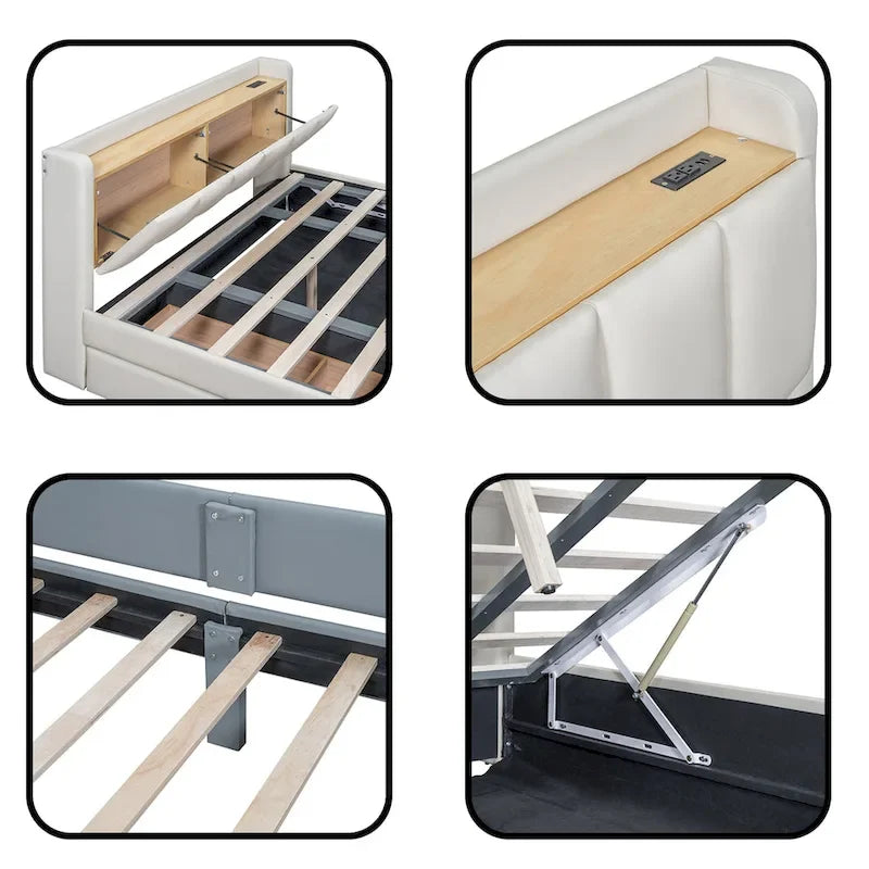 Lit plateforme tapissé Queen + Twin XL avec rangement – Cuir PU, vérin hydraulique